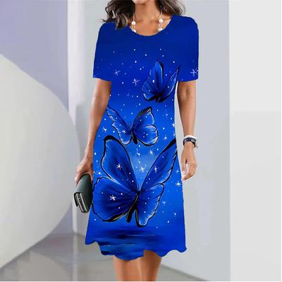 Fashion Womens Loose Dancing Butterflies Print O Neck Short Sleeve Leaves Print Loose Streetwear A-line Dress