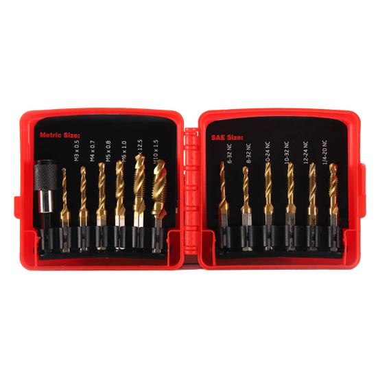 

Yousheng 13Pcs/Set SAE Metric Screw Tap Kit with Storage Case Heavy Duty High Speed Steel Hex Shank Combined Drill Bit Screw Tap Kit красный