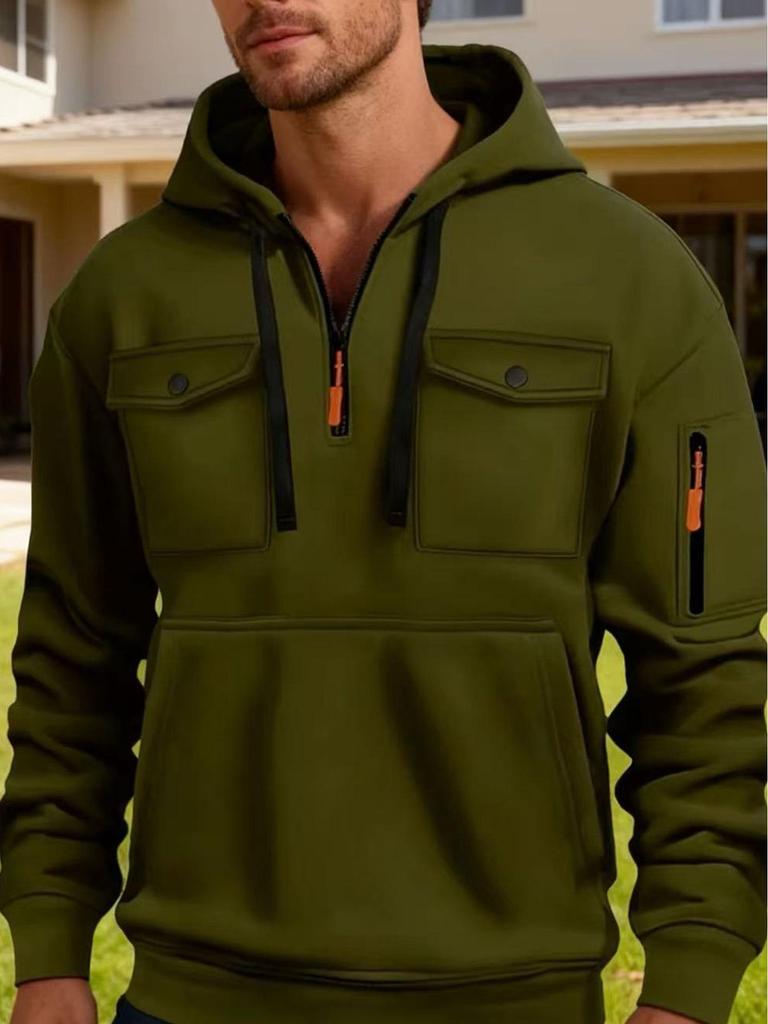 Men's Fleece Hooded Sweatshirt with Dual Chest Pockets - Casual, Trendy Zipper Pullover for Autumn and Winter