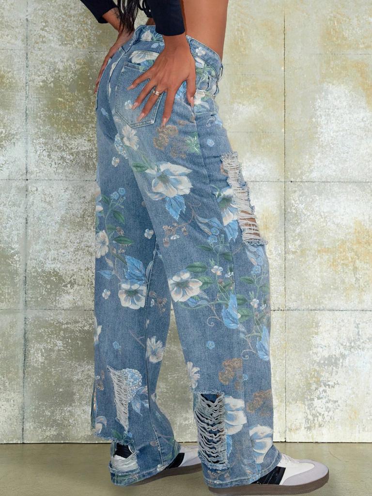 Rose Beauty – Lässige Jeans mit zerrissenem Blumenmuster und aufgesetzter Tasche im Used-Look