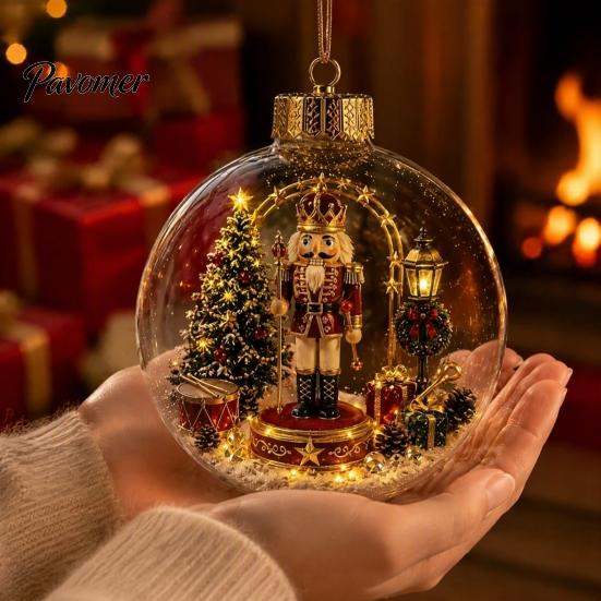 Illuminated Hanging Spheres Lighted Christmas Ornament with Warm LED Lights, Retro Metal Cap Decorative Decor for Tree Transparent Ball Holiday