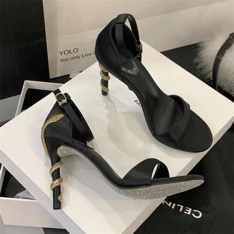 

Модные роскошные сандалии на каблуке с дизайном змеи из страз, женские сексуальные сандалии-слайдеры с открытым носком и ремешком на щиколотке, элегантные банкетные туфли для вечеринки 40 чёрный