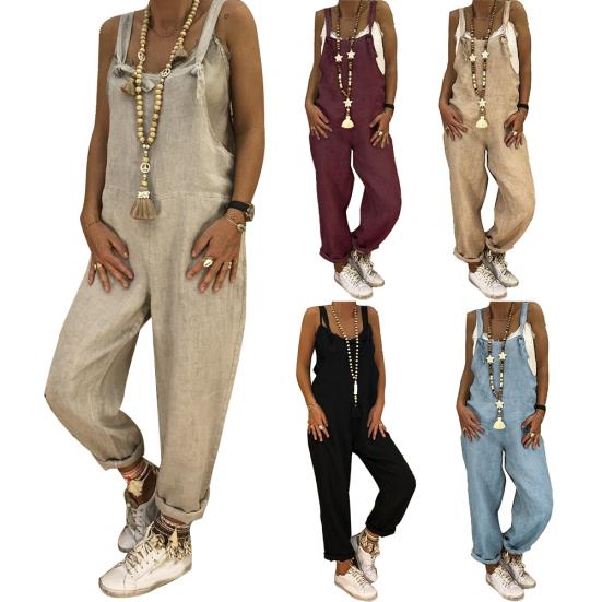 Women Casual Solid Color Sleeveless Adjustable Straps Loose Jumpsuit Bib Overall