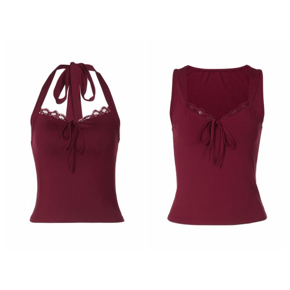 V Neck Slim Crop Tops Lace Lace-up Camisole Chic Halter Bottoming T-shirt  Spicy Girl