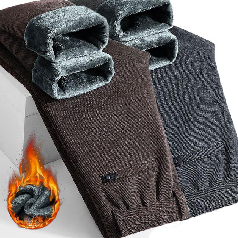 Winter Fleece Thick Casual Pants Men's Business Slim Fit Versatile Classic Trousers Medium Elasticity Formal Wear Wash Pants