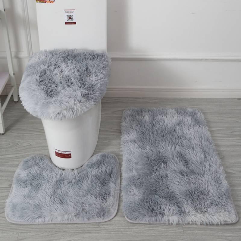 Non Dye Tie Slip Mat Fluffy Plush Bathroom Toilet Seat Cover Carpet 3 Piece Set