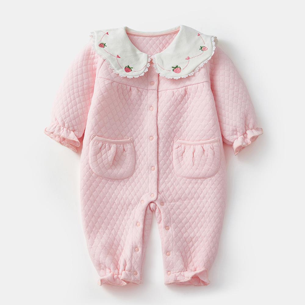 

Осенний детский ромпер - Хлопковый комбинезон с клубничным принтом для девочек на месяц и сто дней Label 80 розовый