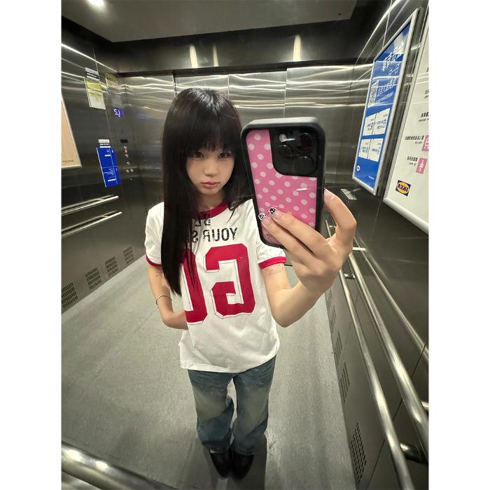 

Летняя женская милая хлопковая футболка с коротким рукавом и круглым вырезом, с принтом в виде букв и дизайном в стиле колор-блок, 2025 Small белый