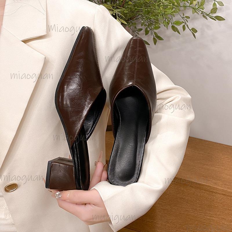 Comfortable Chunky Heel Slip-On Shoes Women's Spring Autumn New Pointed Toe Mules Outdoor Wear Slides Sandals Size35-42