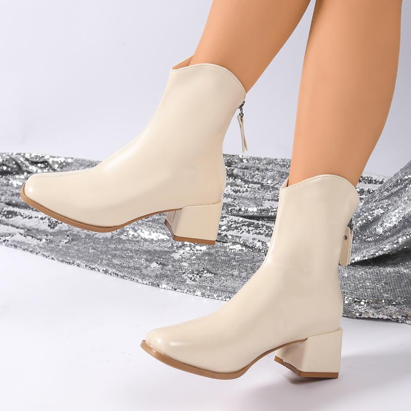 Francouzské Retro Pu Jednobarevné Béžové Kotníkové Boty Dámské 2025 Zimní Čtvercový Vysoký Podpatek Zadní Zip Boty Elegantní Čtvercová Špička Kancelářské Boty Podzim