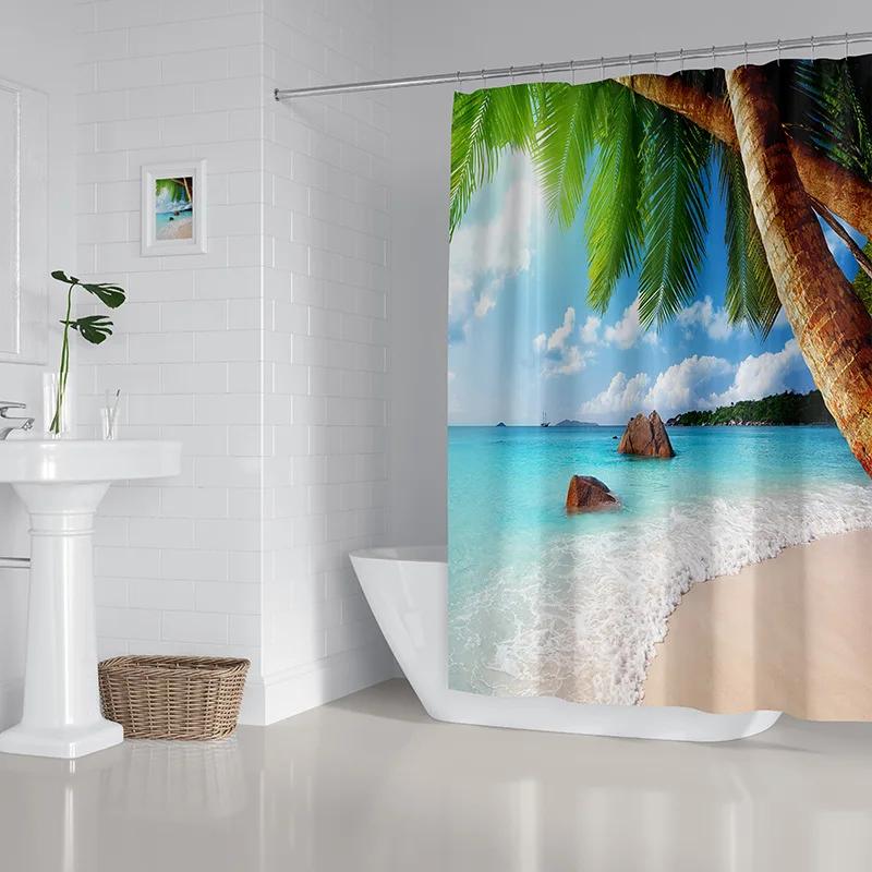 2022 New Shower Curtain Starfish Beach Pattern Bathroom Partition Waterproof  Coconut Sea View Polyester