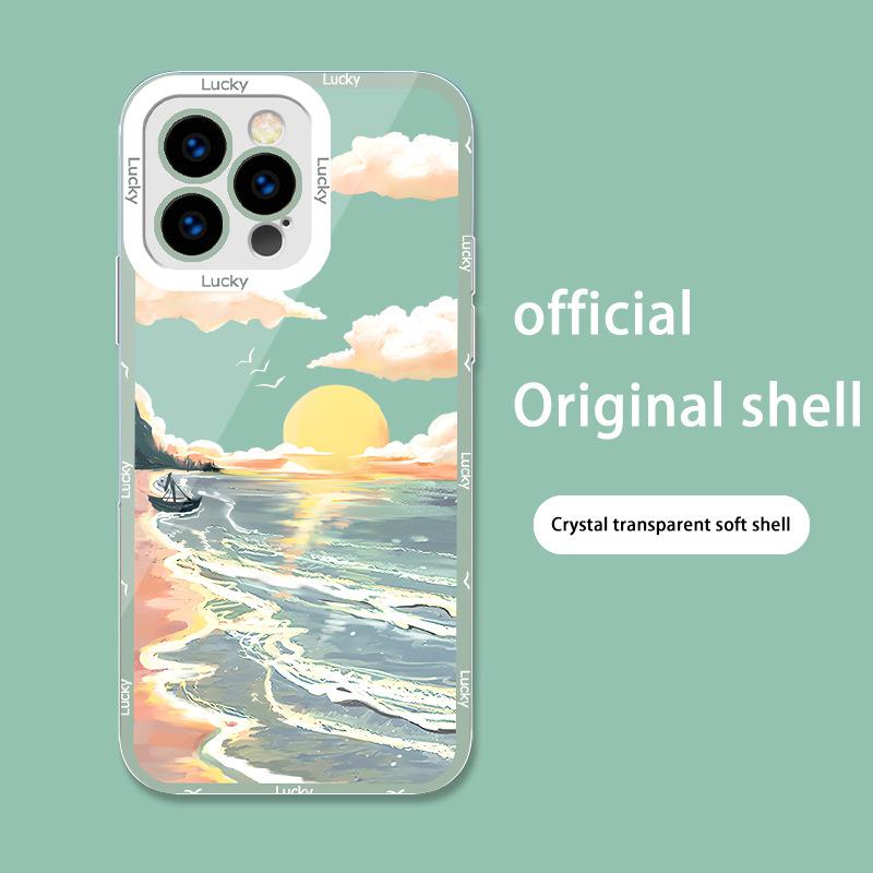 Apple 11 oil painting landscape iPhone art case for 12/13/14 transparent design featuring seaside sunrise for MAX model