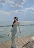 Seaside Vacation Wind V-neck Floral Neck Suspender Dress, Beautiful Waist Slim-fitting Hip-wrapped Split-fork Long Dress