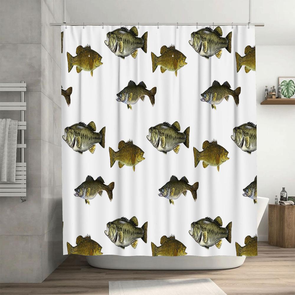 Modern Fish Print Shower Curtain Set for Bathroom Decor Waterproof Fabric with Hook Rings White Color (180x180cm)