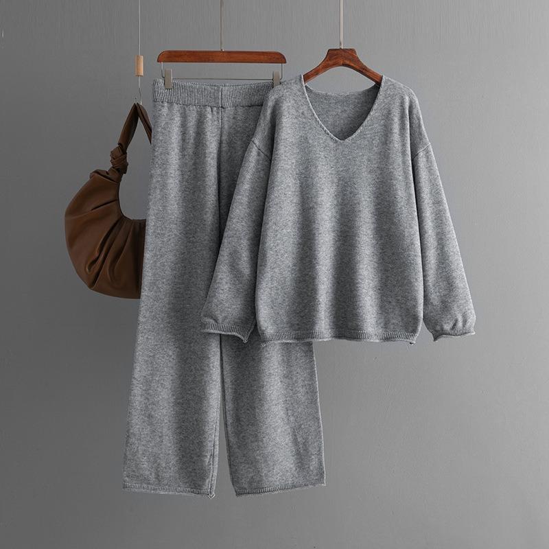 Solid color collar fashion set, new autumn and winter loose high-waisted casual sweater two-piece set