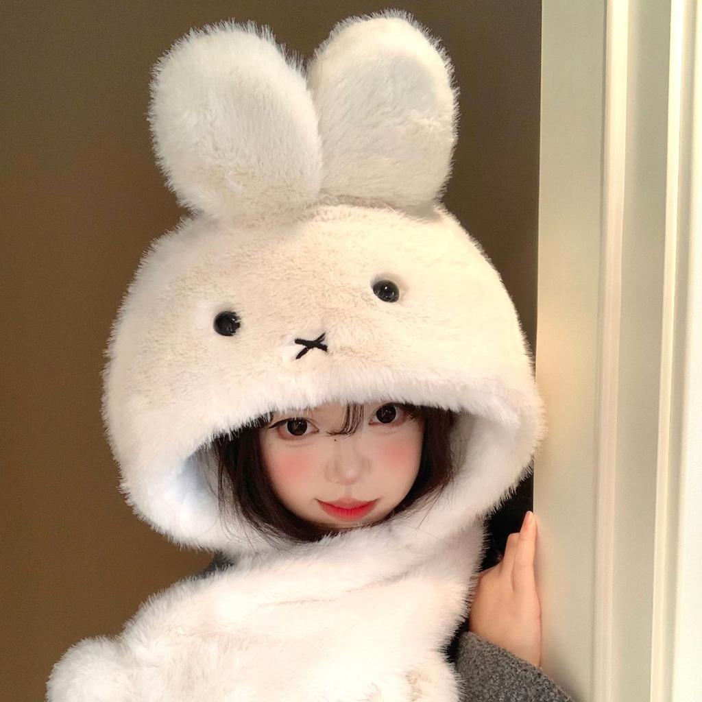 Roztomilý bílý králík Miffy plyšová čepice šála integrovaná dámská zimní plyšová zesílená teplá ochrana uší Lei Feng čepice