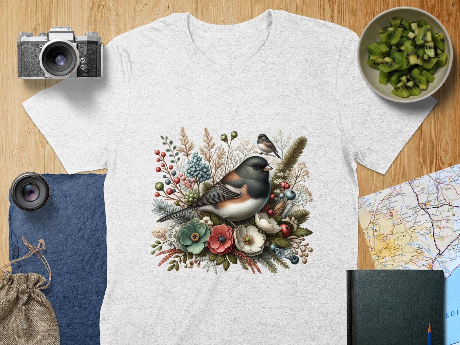Dark-eyed Junco Beautiful Bird with Winter Floral Design T-Shirt for Bird Lovers, Perfect Gift for Bird Watchers, Unique Artistic Bird Tee XL