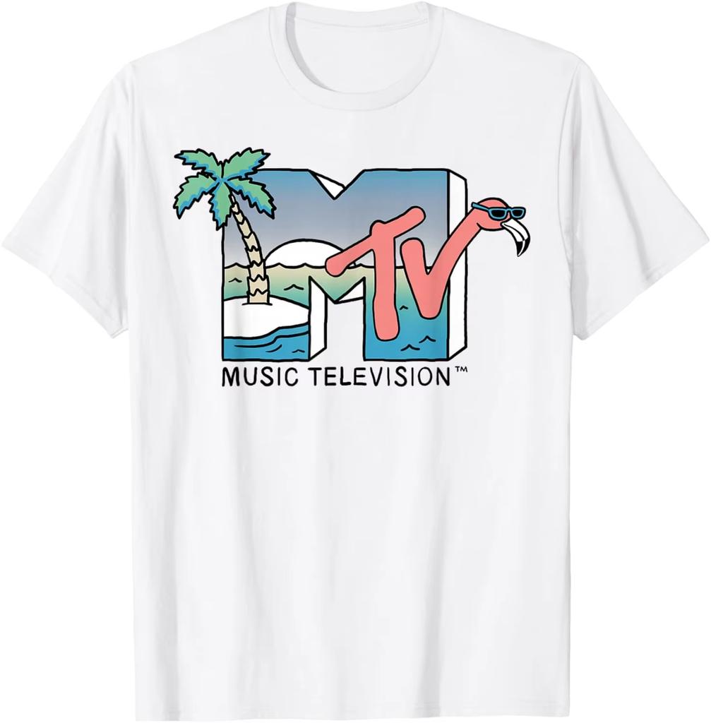 MTV Beach Island Flamingo Retro Print Mens TShirt Harajuku Loose Comfortable Breathable and Soft TShirt Cotton