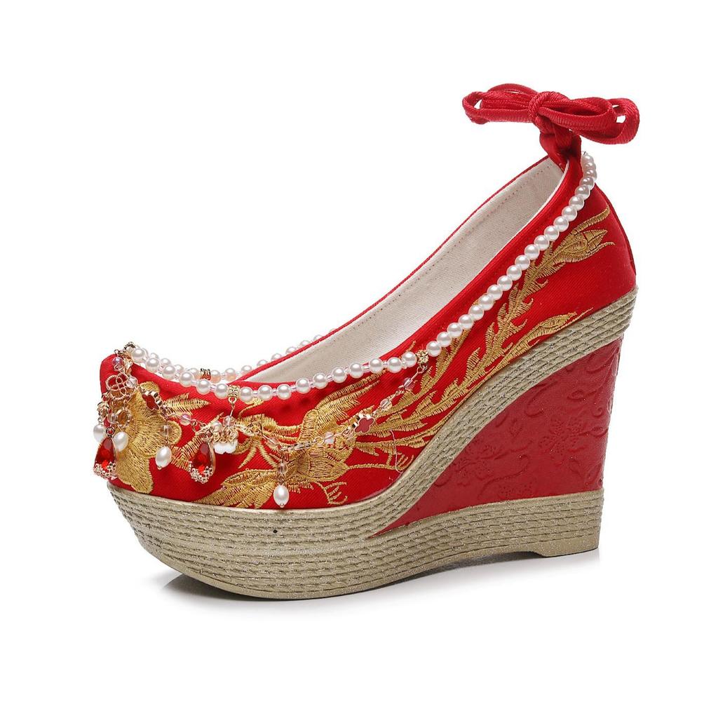 Show He Women's Spring Pearl Tassel High Heel Bridal Embroidered Shoes