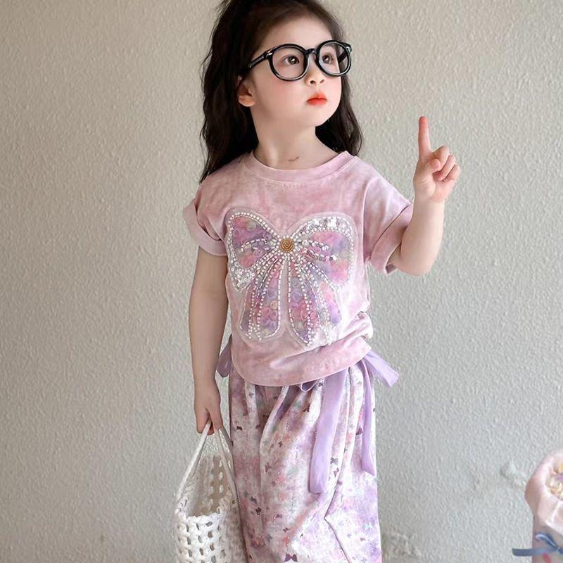 

Милый и модный комплект Butterfly Knot для девочек в стиле тай-дай. Летний комплект из двух предметов с короткими рукавами и брюками-фонариками. 110