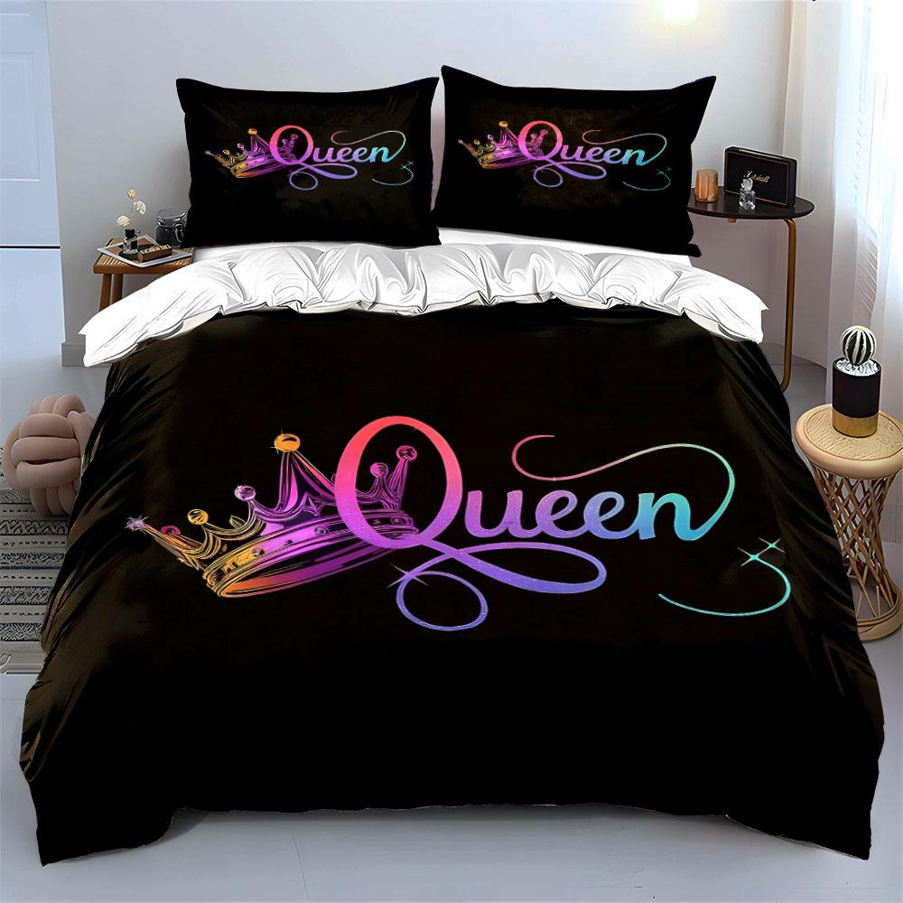 Rainbow Gradient Neon Queen Crown Bedding Set,1 Duvet Cover 2 Pillowcase,Elegant Microfiber Bed Linen For Teen Girls Women Room