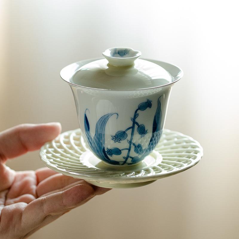 Jingdezhen Ceramic Bowl Cover Round Tea Bowl Chinese Bell Orchid Tea Maker Underglaze Colour White Gaiwan