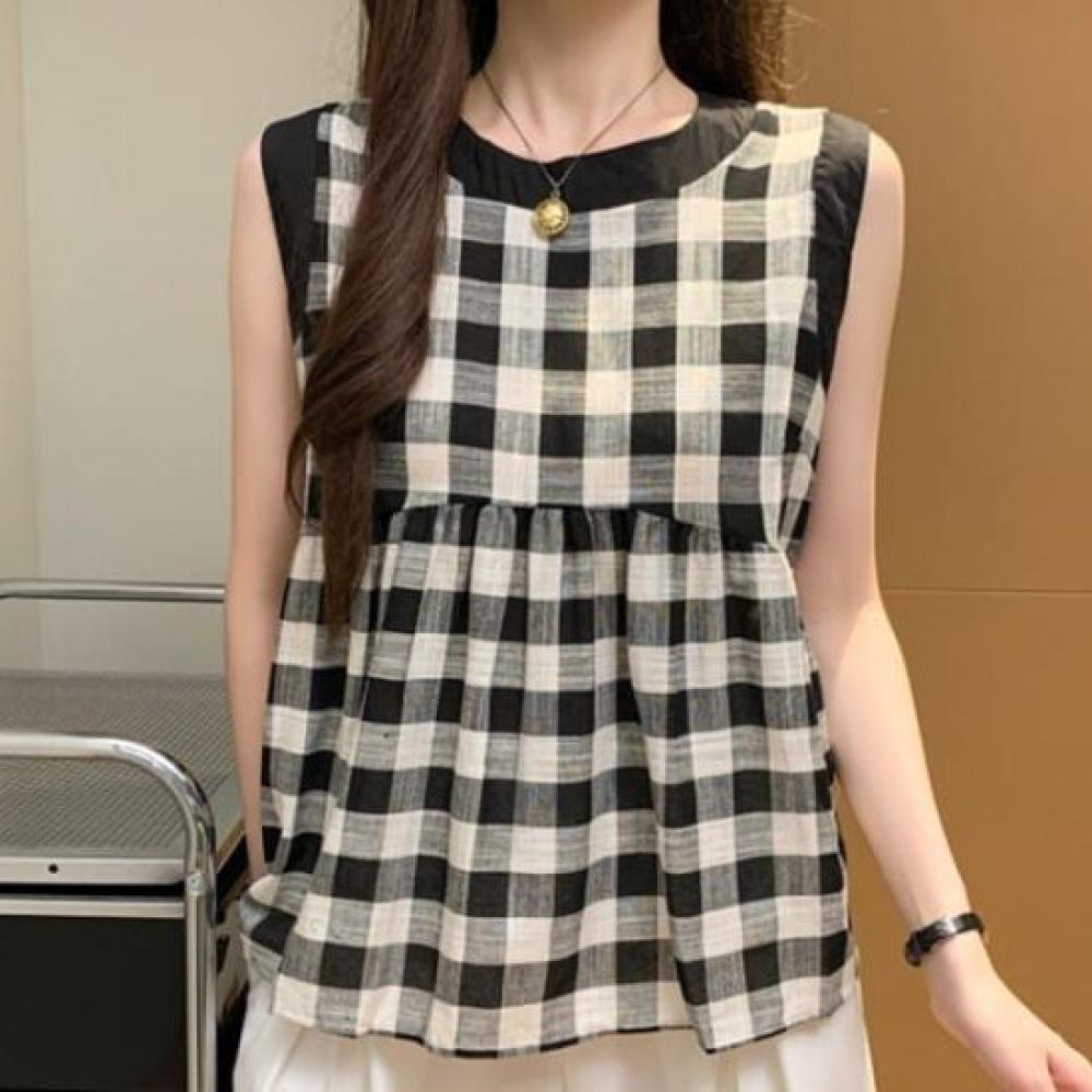 Navava Women Thin Check Pattern Sleeveless Blouse Nb2755