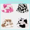 Korean Style Cow Pattern Flat Top Bucket Hat Thick Fleece Sun Shade For Women Outdoor