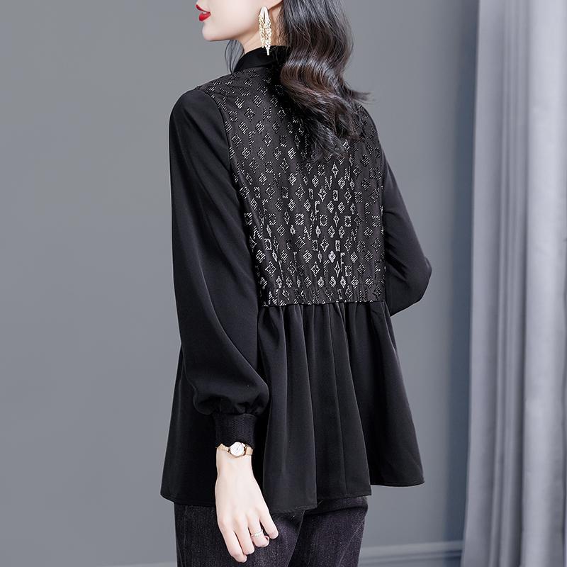 Cămașă neagră, cu mâneci lungi, cu mâneci lungi, cu patchwork, cu lungime mijlocie, tricou lejer, pentru femei