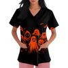 Women's short-sleeved Halloween print V-neck pocket protective work shirt