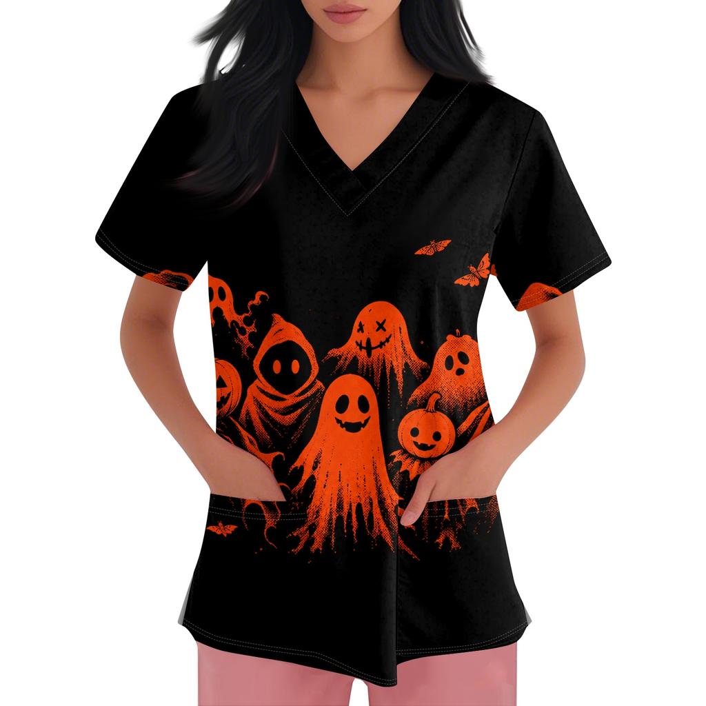 Women's short-sleeved Halloween print V-neck pocket protective work shirt