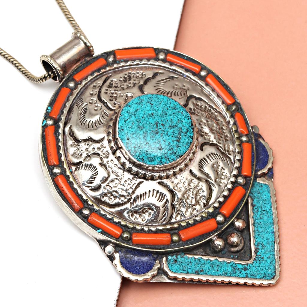 Handmade Tibetan Silver Gemstone Turquoise Red Coral Nepali Necklace Jewelry