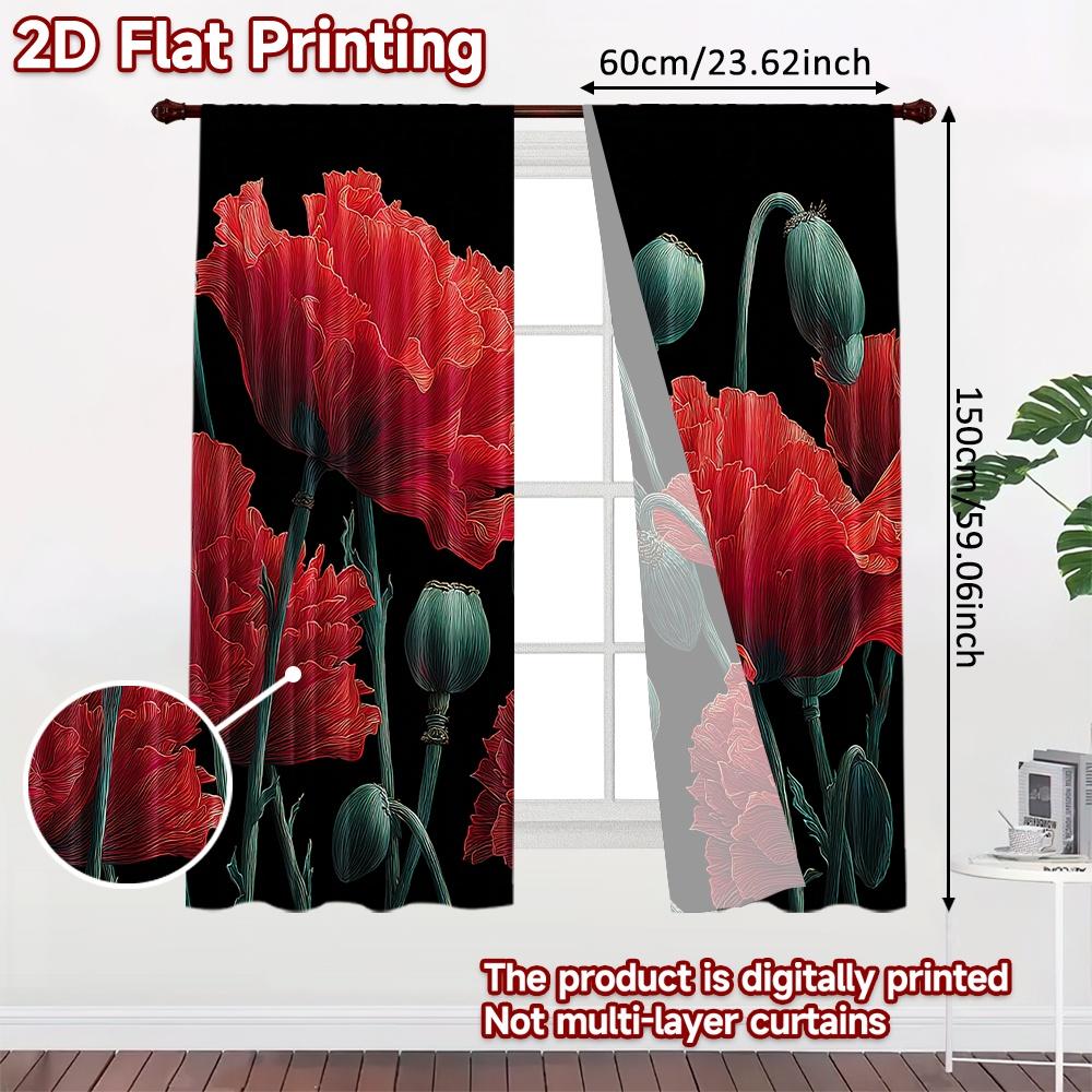2D FLAT PRINTING 2pcs Curtains (Without Rod) Floral Elegance In Red (2) Valentine Is Day Festival Minimalist Curtains Versatile