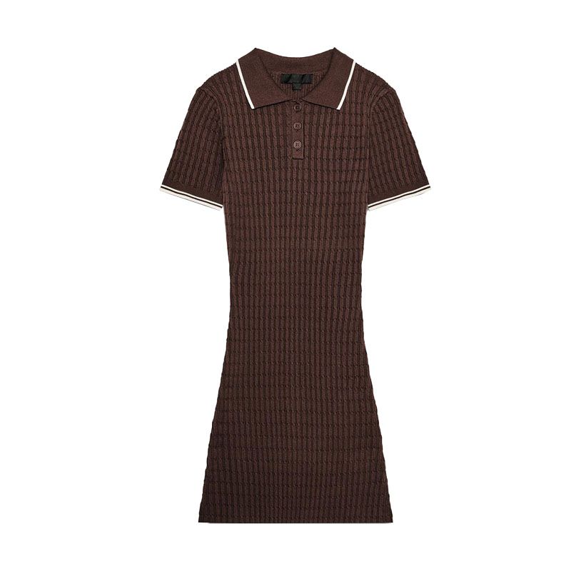 Spring Women Clothes Korean Style Contrast Color Trim Short Sleeve Polo Shirt Collar Knitted Mini Dress 0014001