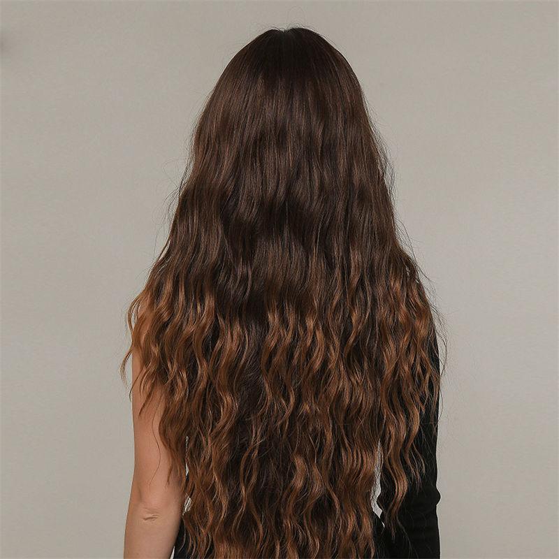 Długie włosy Gradient Brązowa Peruka Kobiety Fale Wodne Kręcone Włosy Proste Grzywka Puszyste Naturalne