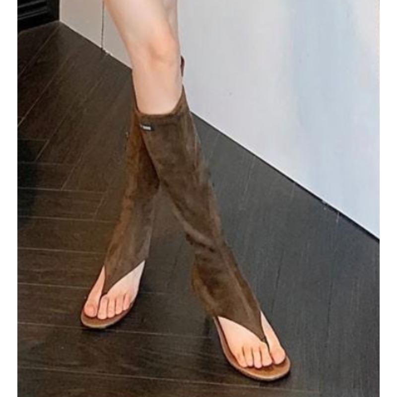 Fashion New Popular Black Open Toe Clip-On Knee Boots Women's Modern Booties Thin Low Heel Side Zip Spring Summer Party Heels Sandals