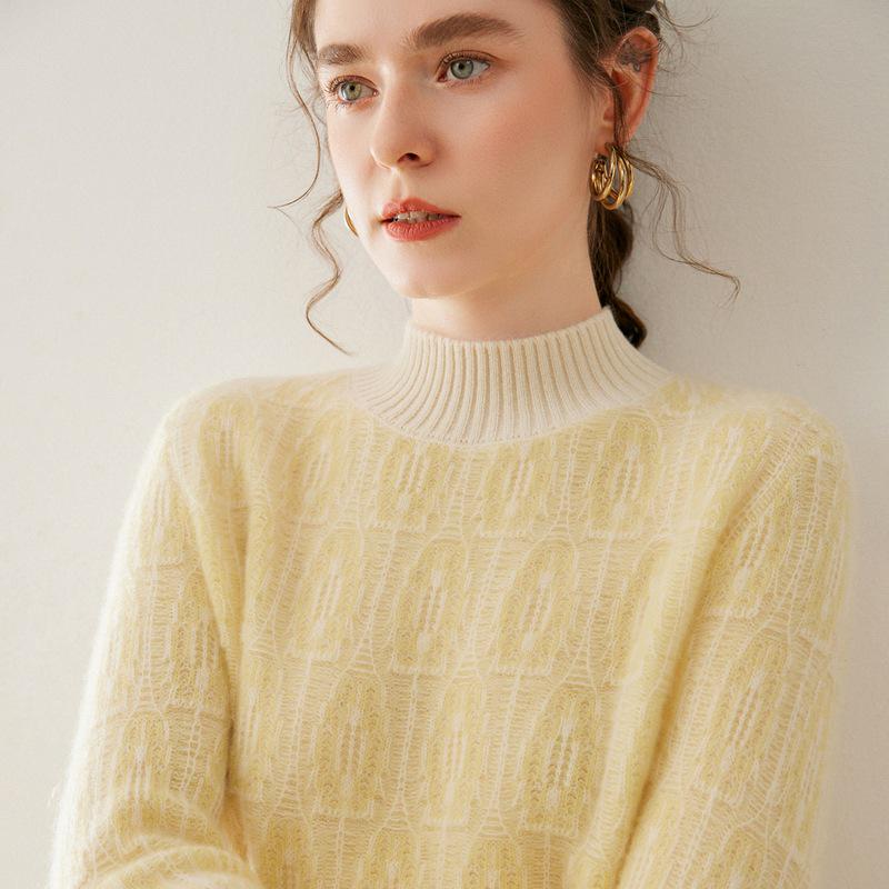 Women's Color Block Cashmere Sweater - Thick, Round Neck, Loose Fit, Jacquard Knit, Autumn/Winter.