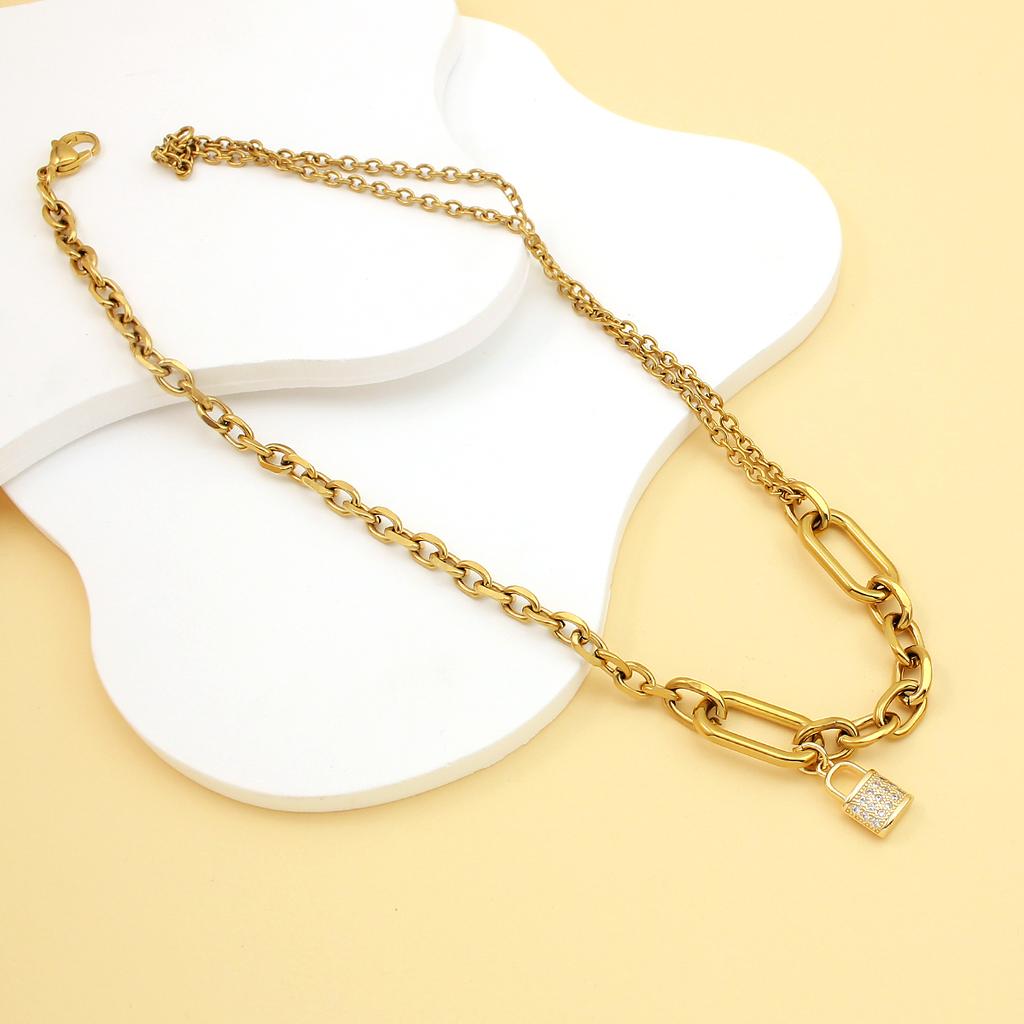New Arrival 316L Stainless Steel Gold Plated Lock Pendant Necklace Paperclip Link Chain Necklace for Women