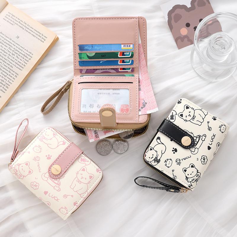 Cartoon Scrawl Cat Short Wallet Women Fashion Coin Purse PU Leather Large Capacity Wallet ID Card Holder Travel Cash Coin Bag