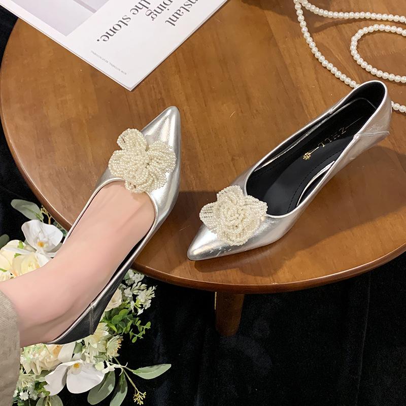 39663 High Instep Fat Feet Stiletto Shoes French Pearl Flower Pointed Heels Large Size Women's Shoes 41 To 43
