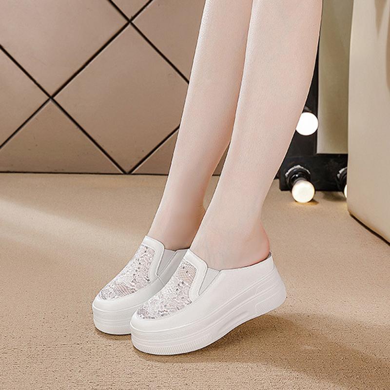 Baotou Half Slippers Hollow Breathable White Shoes Spring And Summer New Style Versatile Thick Sole Inner Heightening Mesh Shoes