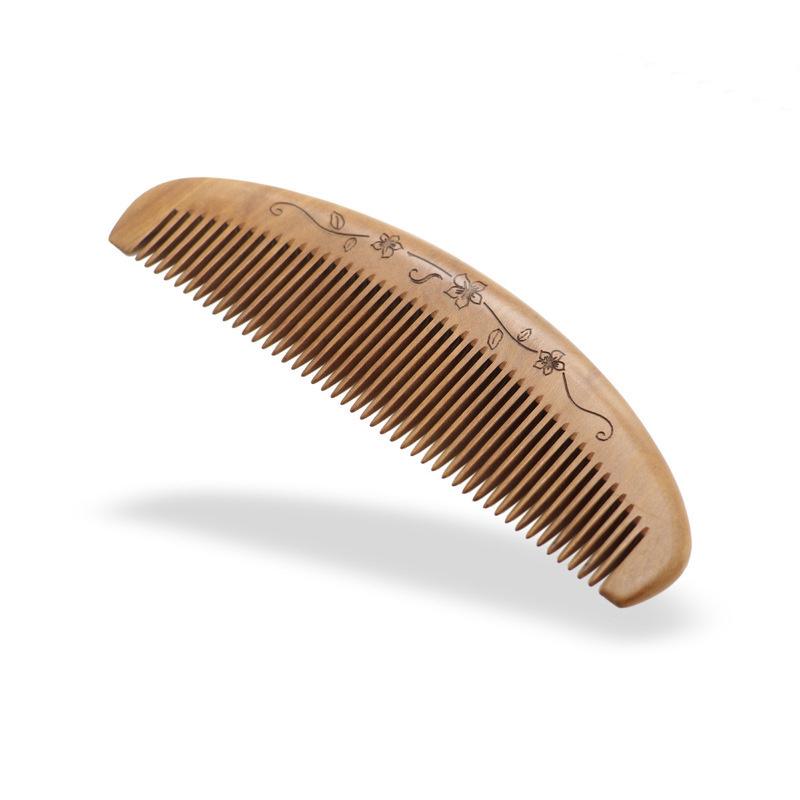 Peach Wood Carved Comb with Fine and Medium Teeth - Handleless, Floral Design