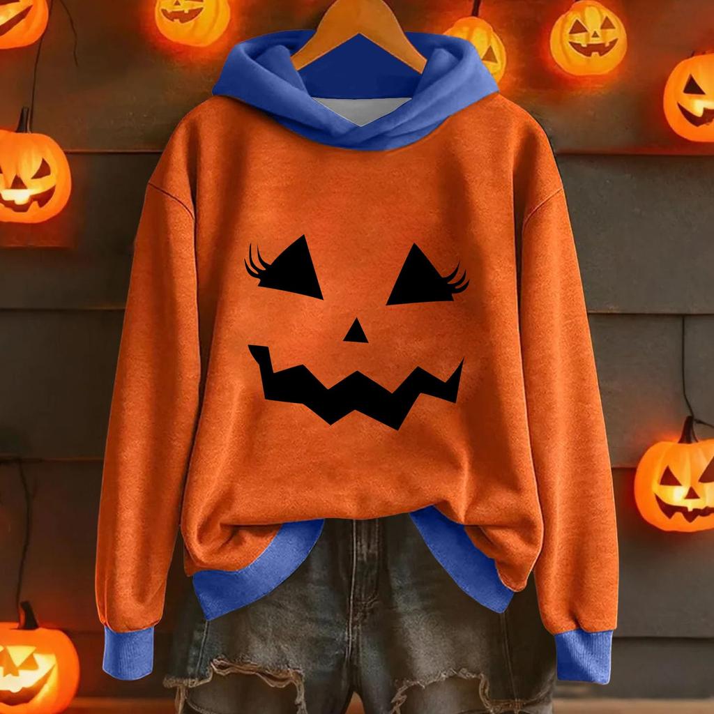 Ladies' Casual And Fashionable Halloween Printed Long Sleeved Hooded Warm Shirt Loose And Comfortable Hoodie