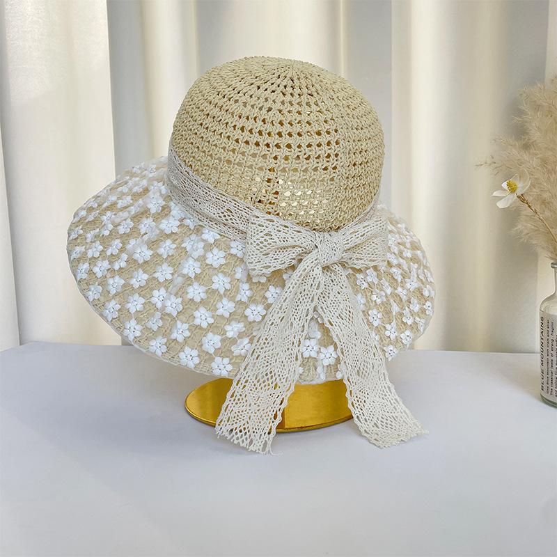 Summer lace floral bow hollow sun hat children vacation beach photo senior sun hat straw hat