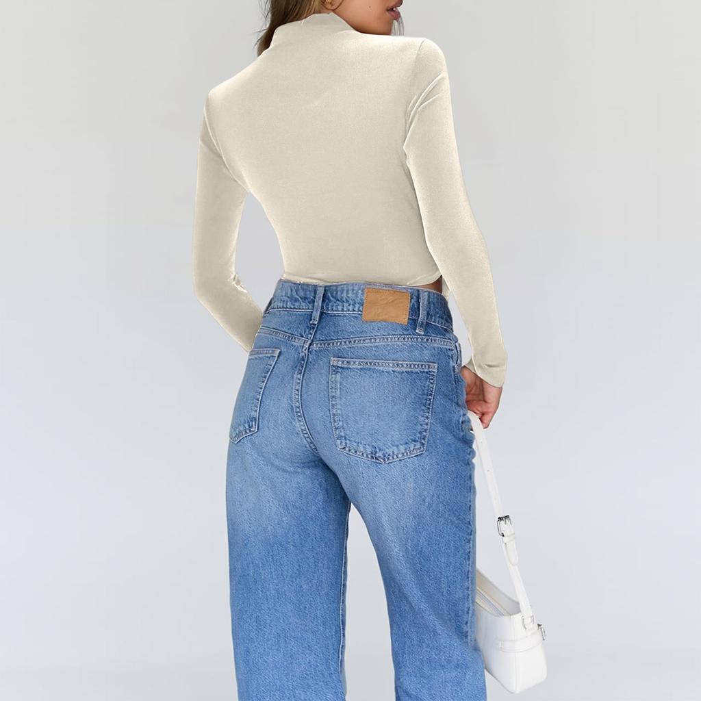 Women's Stylish Casual ,Color Half,High,Neck Velvet Long,Sleeve Base Layer Top