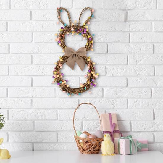 Easter Bunny Wreath with Pastel Eggs Artificial Twig Wreath with Burlap Bow Spring Rabbit Shaped Door Wreath for Front Door Decor