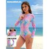 Women Long Sleeve One Piece Swimsuit Zip Front  Fresh Little Flower  Print Rash Guard Surfing Bathing Suit