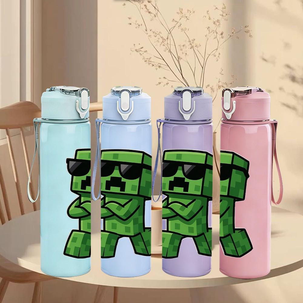 1PC Green Pixel Game Creature 750ml Color Plastic Sports Water Bottle Leakproof Flip Straw Lid For Sports Office Home Use