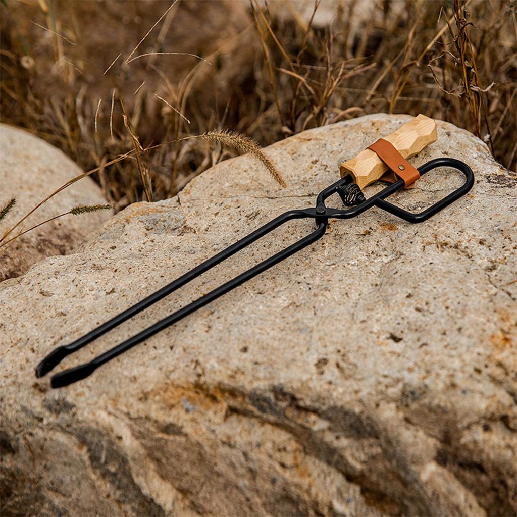 Log Tongs Beech Wood Handle Iron Clamp High Temperature Resistance Fire Tongs for Outdoor Log Tongs