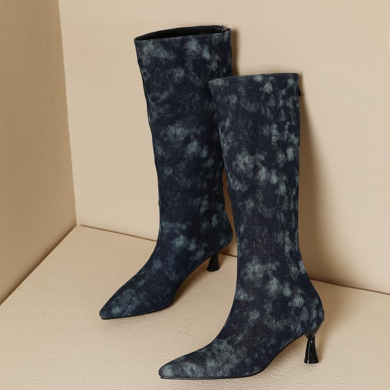 Fashion Blue Jeans Knee High Boots Women Shoes Spring Winter Point Denim Heels Long Boot Dance Party Shoes Female Large Size 44 46